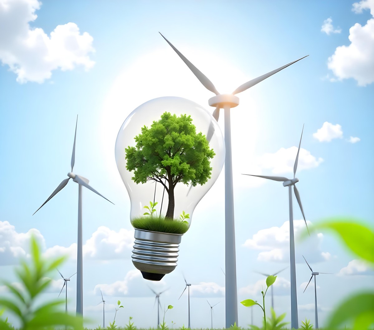 A Light Bulb With A Tree Inside Green Leaves Around The Bulb Wind Turbines In The Background Blue Sky With Clouds Concept Of Green Energy 7 0212