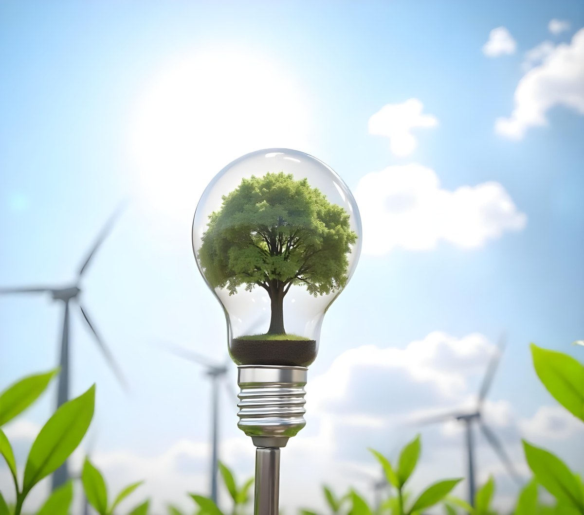 A Light Bulb With A Tree Inside Green Leaves Around The Bulb Wind Turbines In The Background Blue Sky With Clouds Concept Of Green Energy 9 Fd23