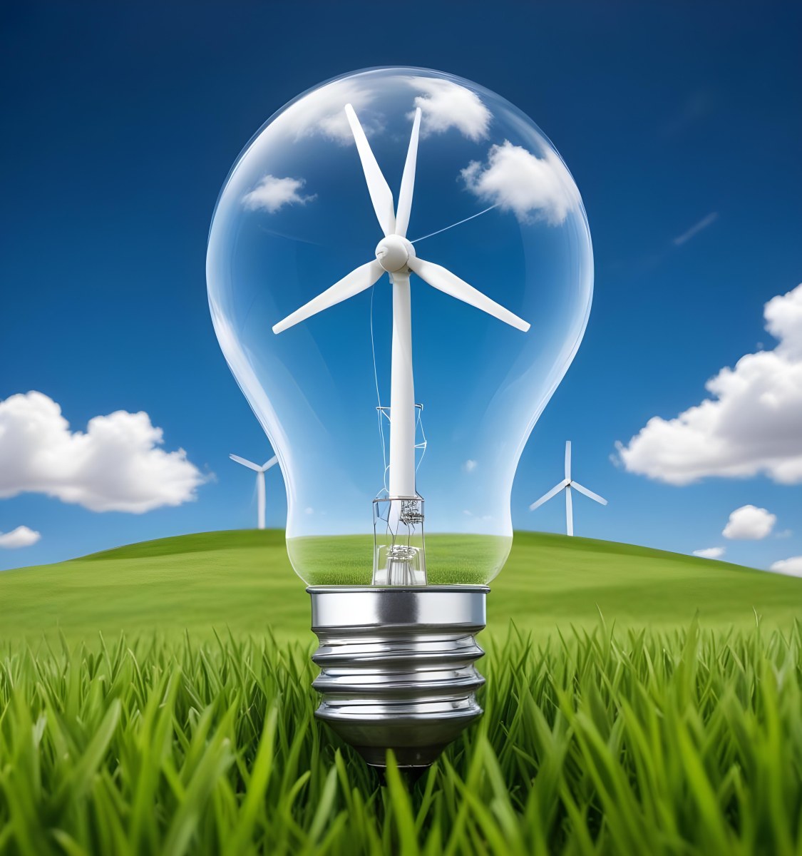 A Light Bulb With A Wind Turbine Inside Green Grass At The Bottom Blue Sky With Clouds In The Background Wind Turbines In The Distance 5 38aa
