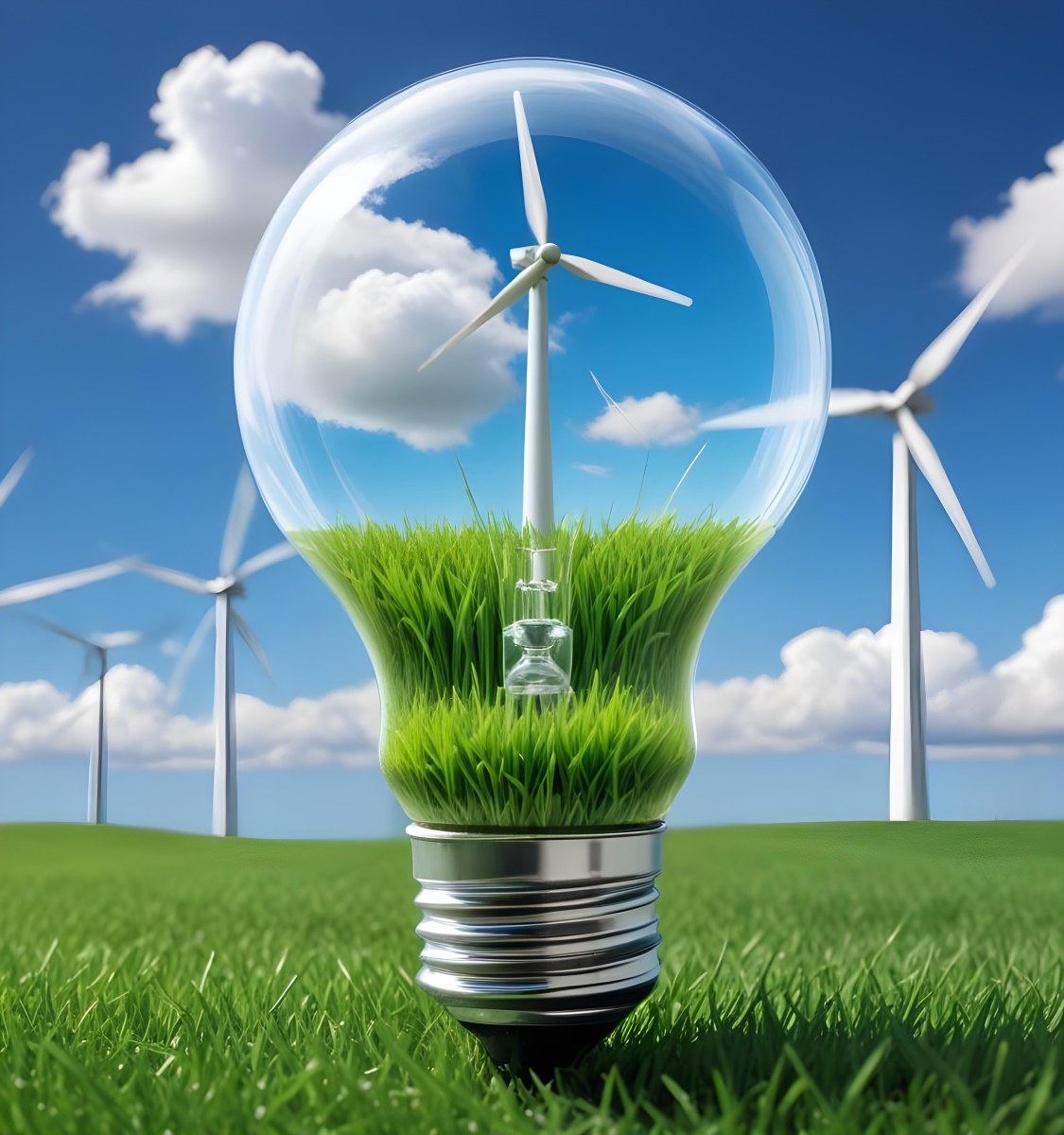 A Light Bulb With A Wind Turbine Inside Green Grass At The Bottom Blue Sky With Clouds In The Background Wind Turbines In The Distance 6 Fa97