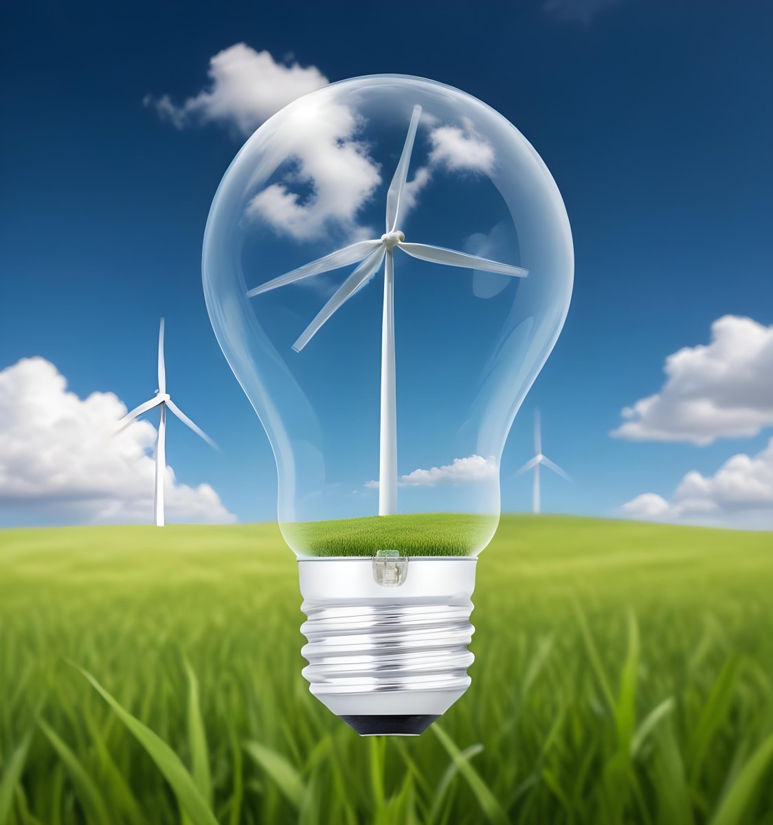 A Light Bulb With A Wind Turbine Inside Green Grass At The Bottom Blue Sky With Clouds In The Background Wind Turbines In The Distance 7 E219