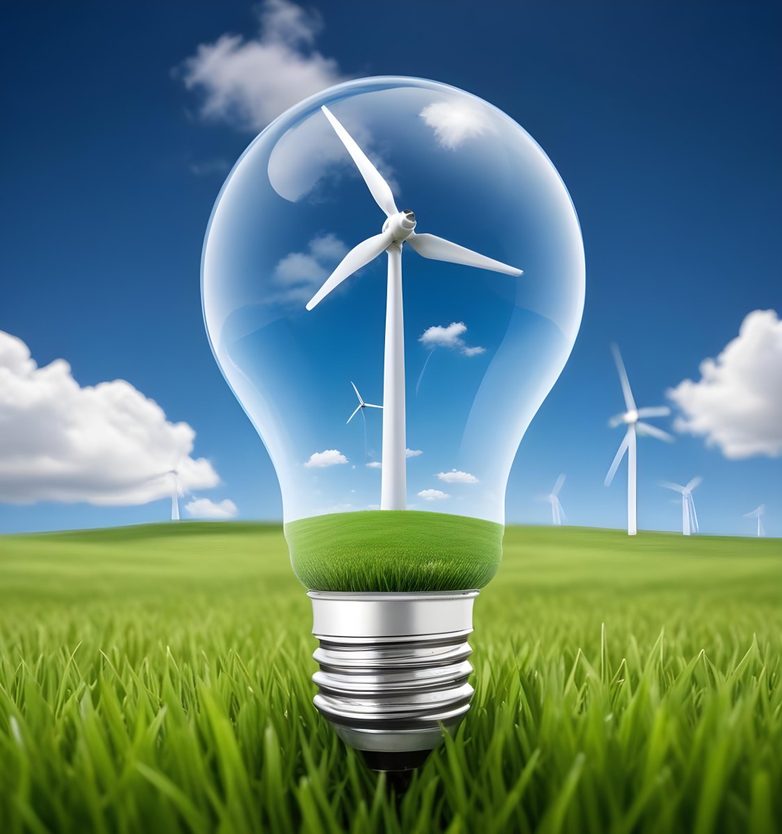 A Light Bulb With A Wind Turbine Inside Green Grass At The Bottom Blue Sky With Clouds In The Background Wind Turbines In The Distance 8 6345