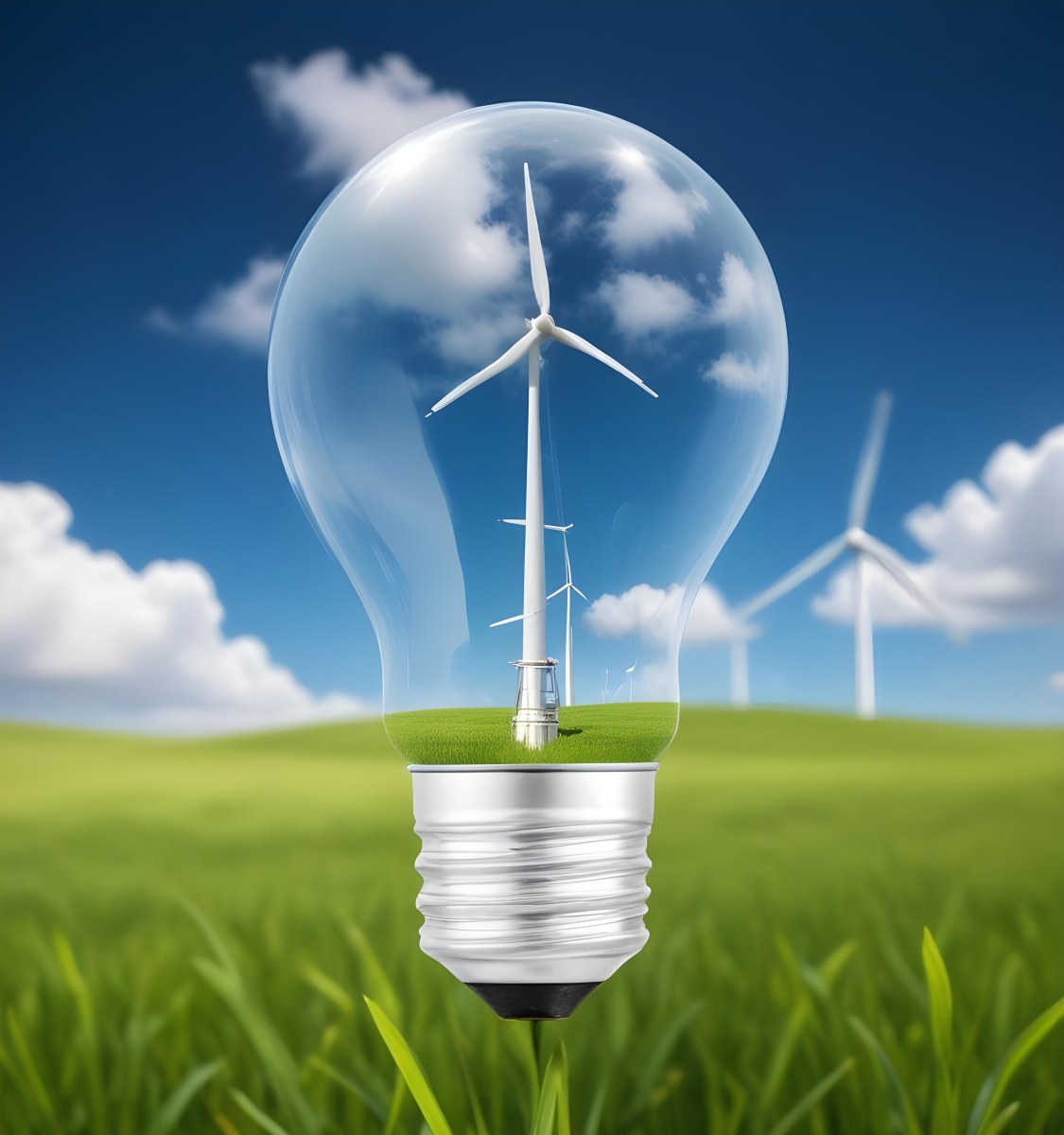 A Light Bulb With A Wind Turbine Inside Green Grass At The Bottom Blue Sky With Clouds In The Background Wind Turbines In The Distance 9 D727
