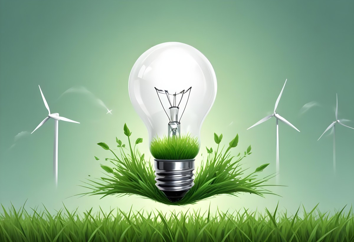 A Light Bulb With Wind Turbines Inside Green Grass White Sky Green Background Clean Energy Concept Renewable Resources Sustainable Development Environmental Awareness Eco Friendly Technology 12 023e