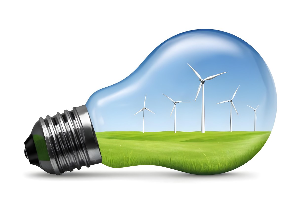 A Light Bulb With Wind Turbines Inside Green Grass White Sky Green Background Clean Energy Concept Renewable Resources Sustainable Development Environmental Awareness Eco Friendly Technology 17 9964