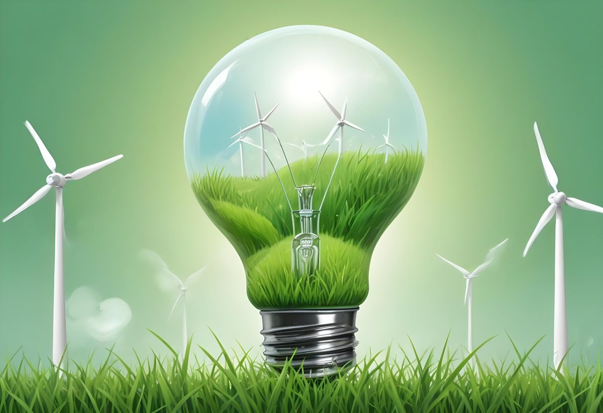 A Light Bulb With Wind Turbines Inside Green Grass White Sky Green Background Clean Energy Concept Renewable Resources Sustainable Development Environmental Awareness Eco Friendly Technology 33 B186
