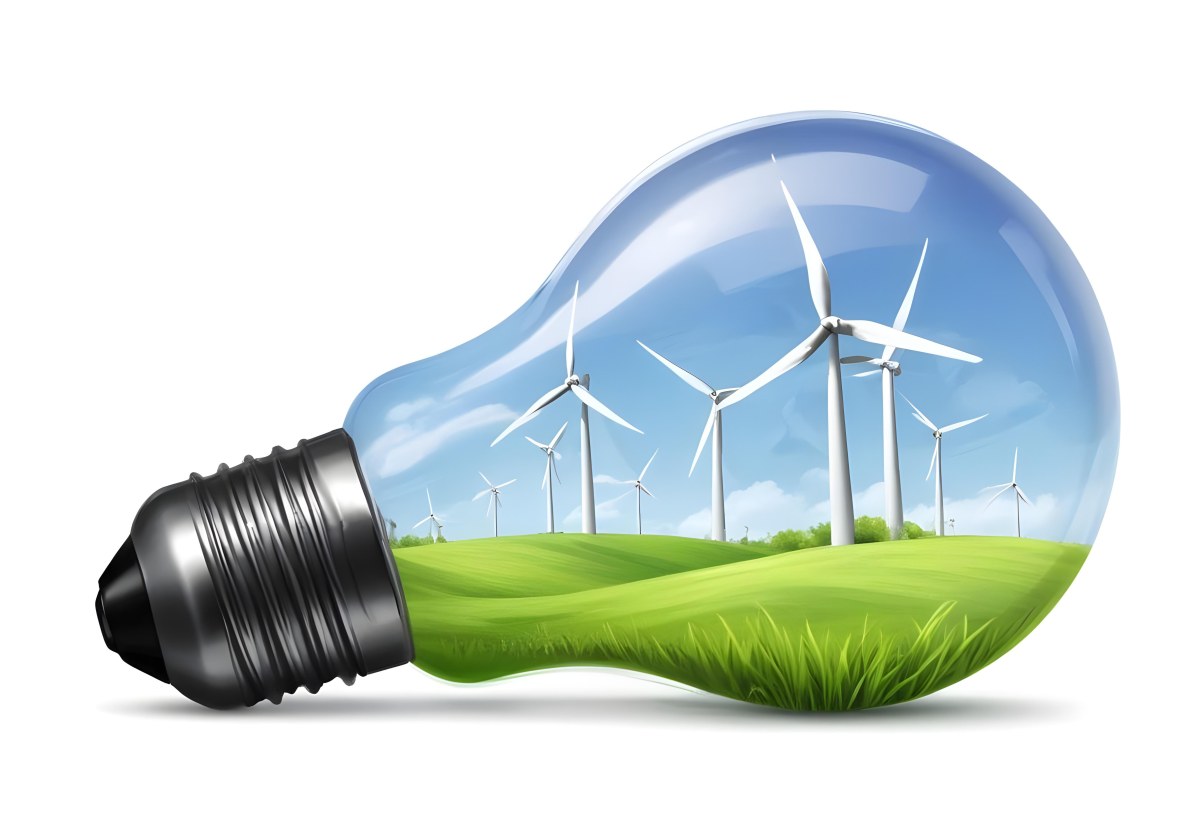 A Light Bulb With Wind Turbines Inside Green Grass White Sky Green Background Clean Energy Concept Renewable Resources Sustainable Development Environmental Awareness Eco Friendly Technology 56 2046