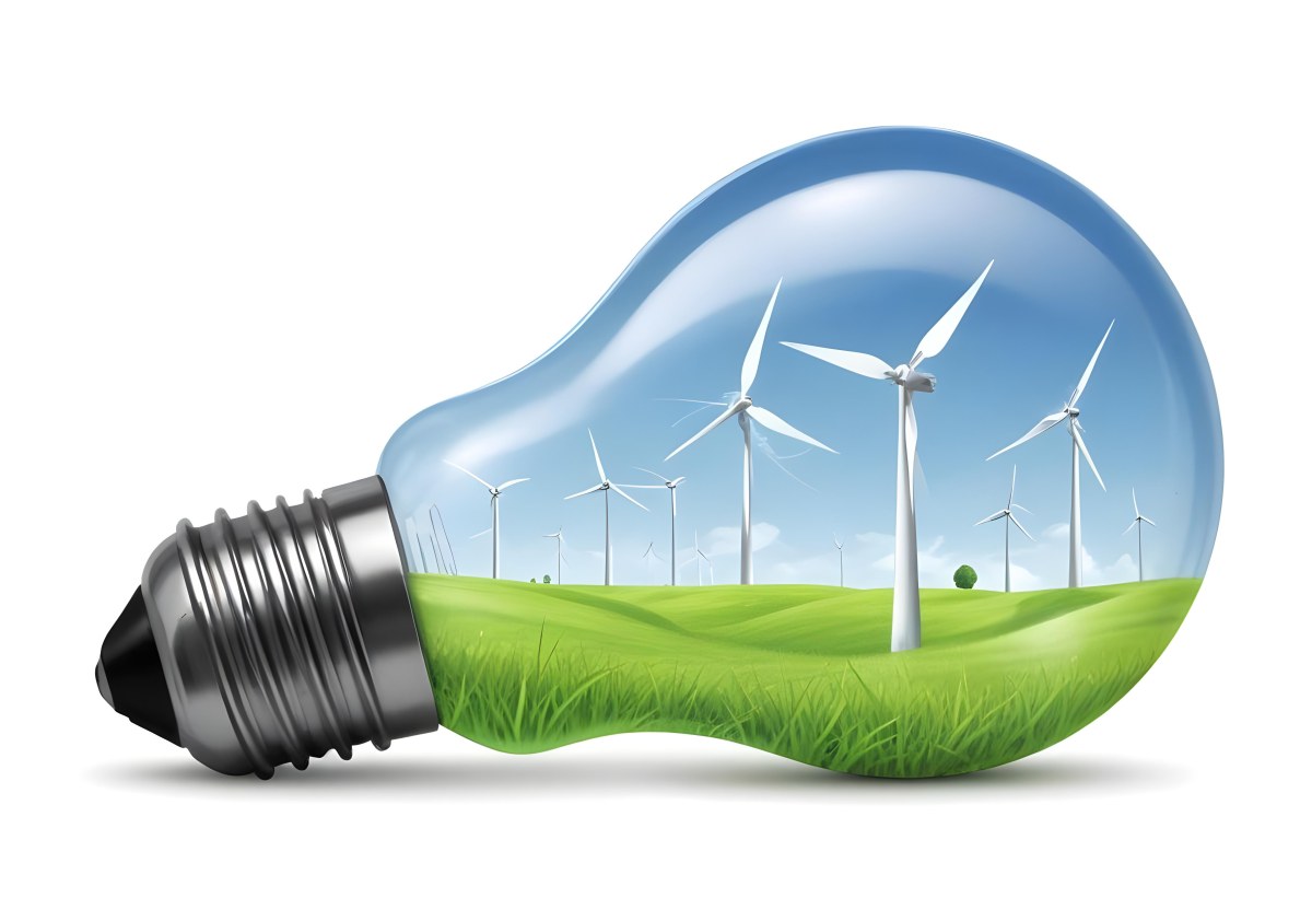 A Light Bulb With Wind Turbines Inside Green Grass White Sky Green Background Clean Energy Concept Renewable Resources Sustainable Development Environmental Awareness Eco Friendly Technology 65 28ed
