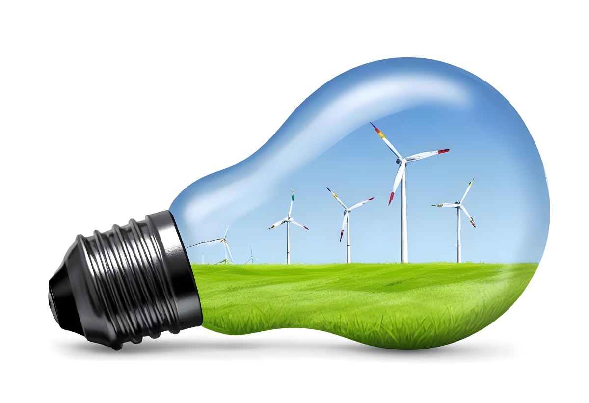 A Light Bulb With Wind Turbines Inside Green Grass White Sky Green Background Clean Energy Concept Renewable Resources Sustainable Development Environmental Awareness Eco Friendly Technology 70 E85b