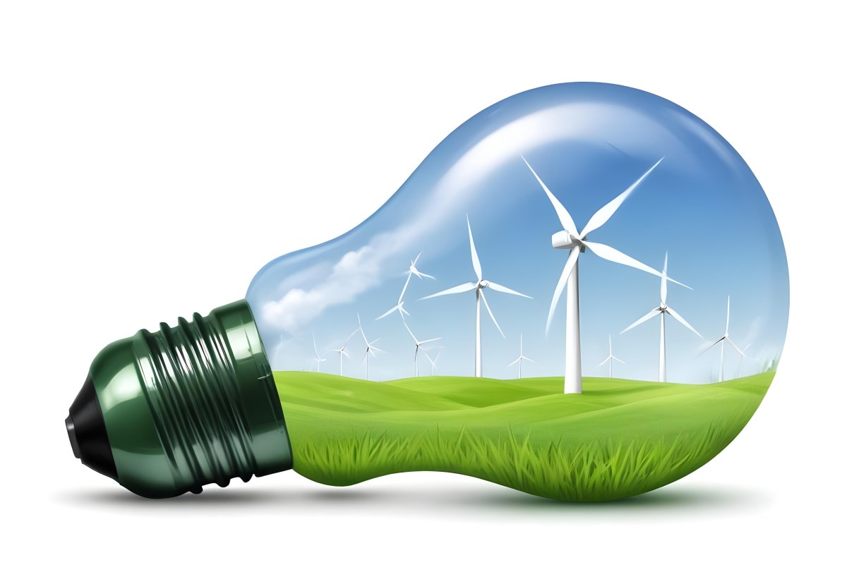 A Light Bulb With Wind Turbines Inside Green Grass White Sky Green Background Clean Energy Concept Renewable Resources Sustainable Development Environmental Awareness Eco Friendly Technology 79 F230