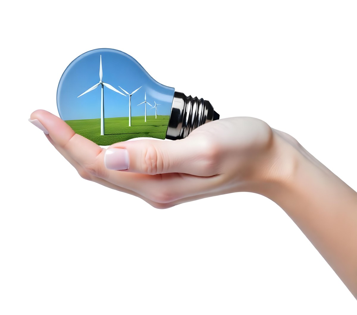 A Light Skinned Hand Holding A Light Bulb With Wind Turbines Inside Green Grass Blue Sky White Background 10 174c