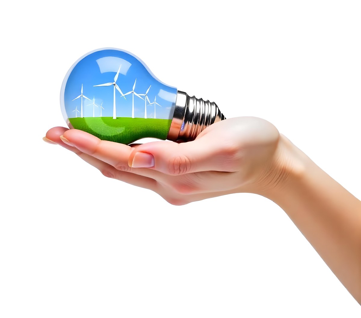 A Light Skinned Hand Holding A Light Bulb With Wind Turbines Inside Green Grass Blue Sky White Background 13 3b47