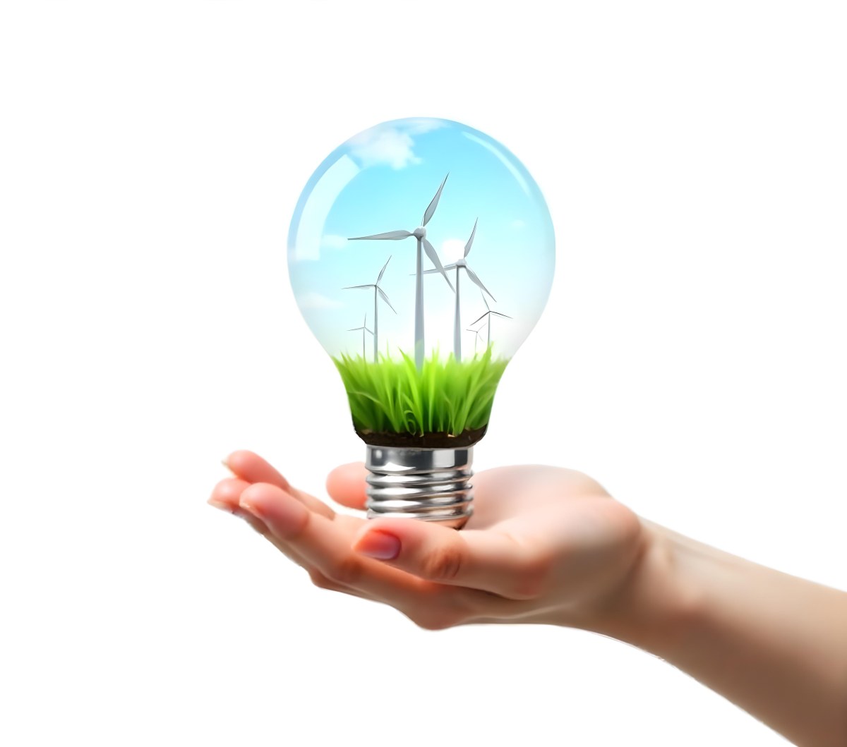 A Light Skinned Hand Holding A Light Bulb With Wind Turbines Inside Green Grass Blue Sky White Background 17 420e
