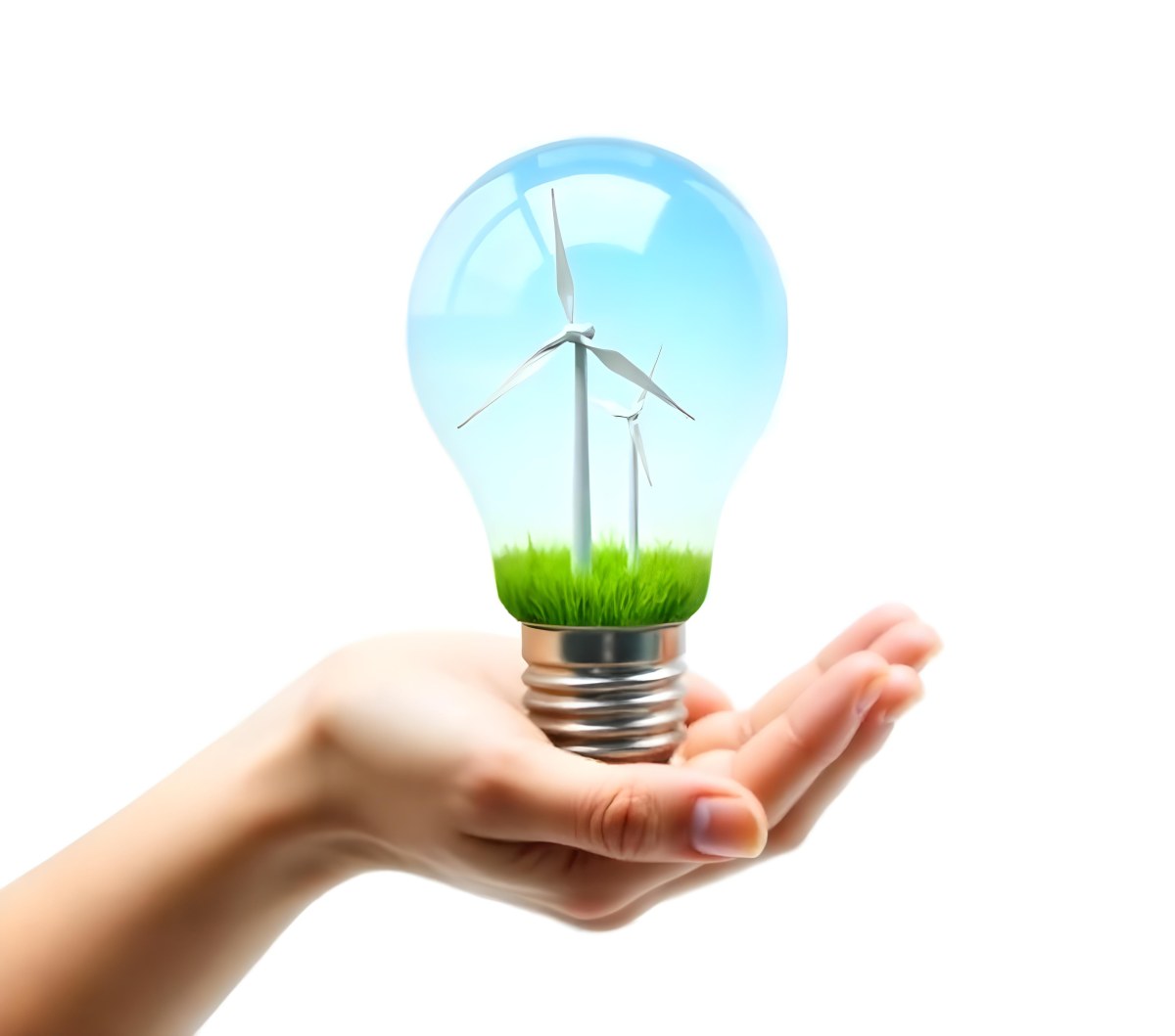 A Light Skinned Hand Holding A Light Bulb With Wind Turbines Inside Green Grass Blue Sky White Background 20 1767
