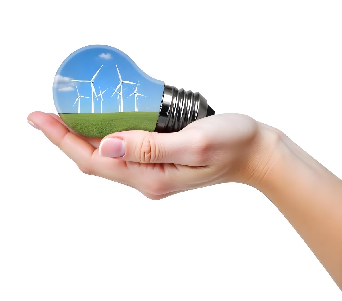 A Light Skinned Hand Holding A Light Bulb With Wind Turbines Inside Green Grass Blue Sky White Background 21 D96f