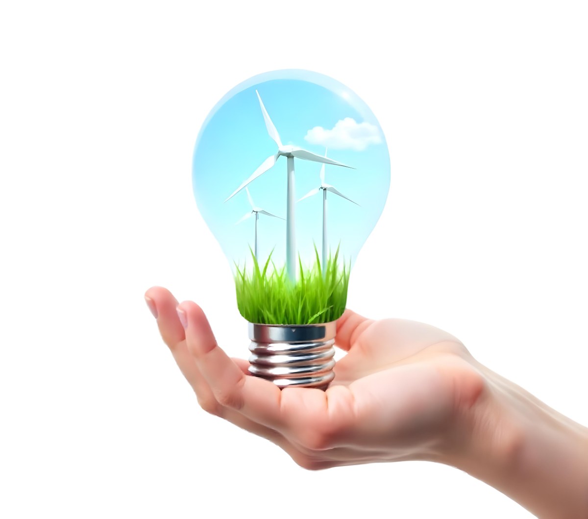 A Light Skinned Hand Holding A Light Bulb With Wind Turbines Inside Green Grass Blue Sky White Background 27 3009