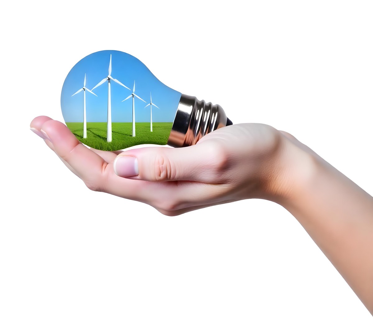 A Light Skinned Hand Holding A Light Bulb With Wind Turbines Inside Green Grass Blue Sky White Background 28 B758