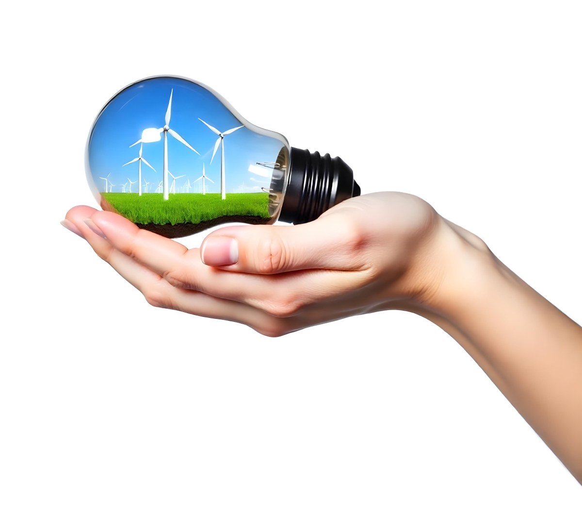 A Light Skinned Hand Holding A Light Bulb With Wind Turbines Inside Green Grass Blue Sky White Background 30 7dc8
