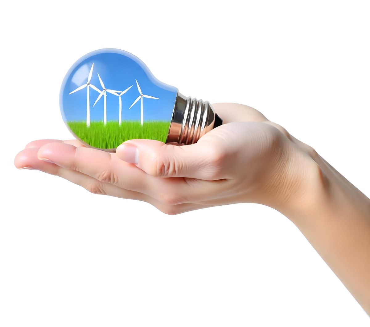 A Light Skinned Hand Holding A Light Bulb With Wind Turbines Inside Green Grass Blue Sky White Background 31 Ab88