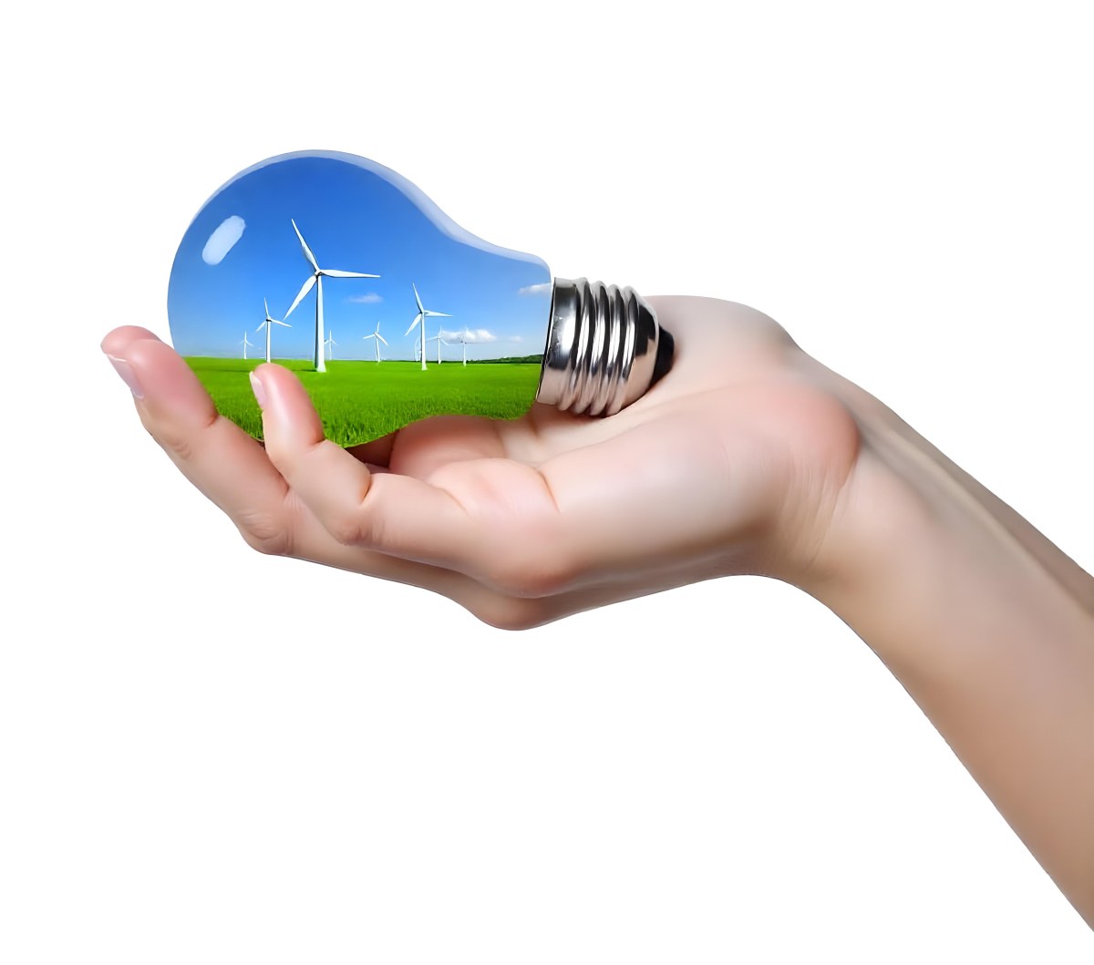 A Light Skinned Hand Holding A Light Bulb With Wind Turbines Inside Green Grass Blue Sky White Background 32 B6d9