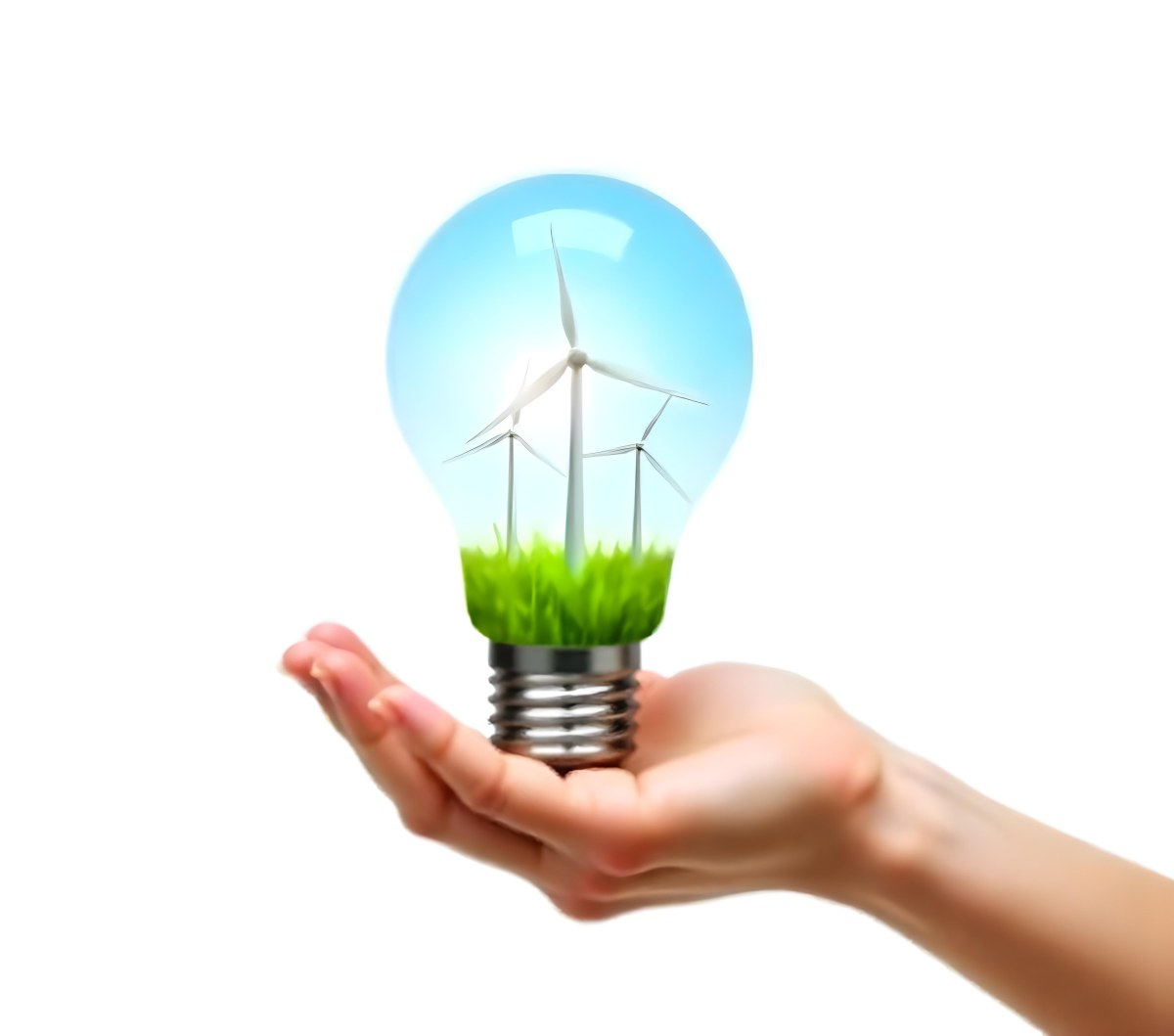 A Light Skinned Hand Holding A Light Bulb With Wind Turbines Inside Green Grass Blue Sky White Background 5 1648