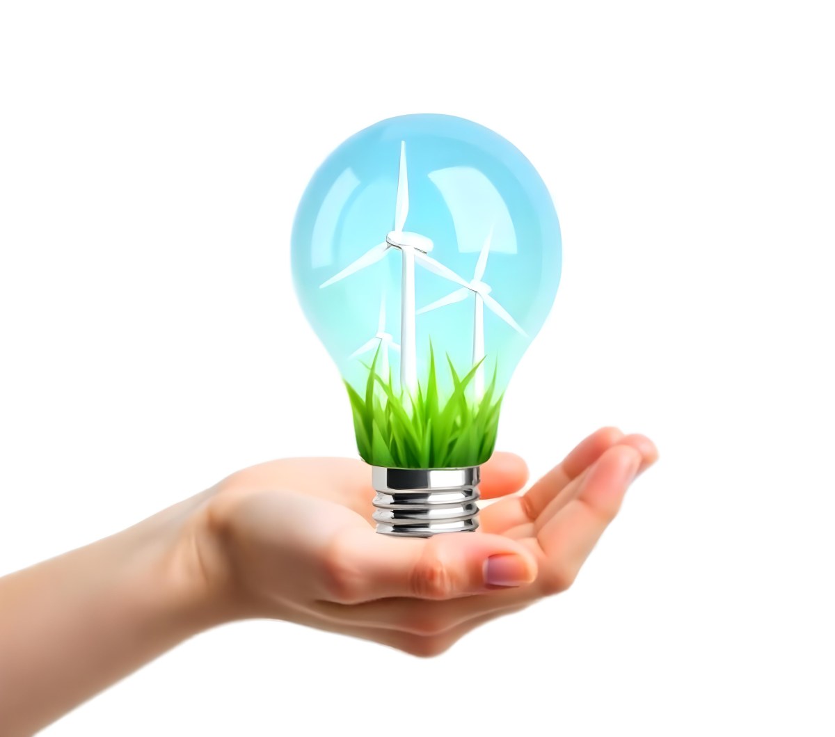 A Light Skinned Hand Holding A Light Bulb With Wind Turbines Inside Green Grass Blue Sky White Background 7 Df06