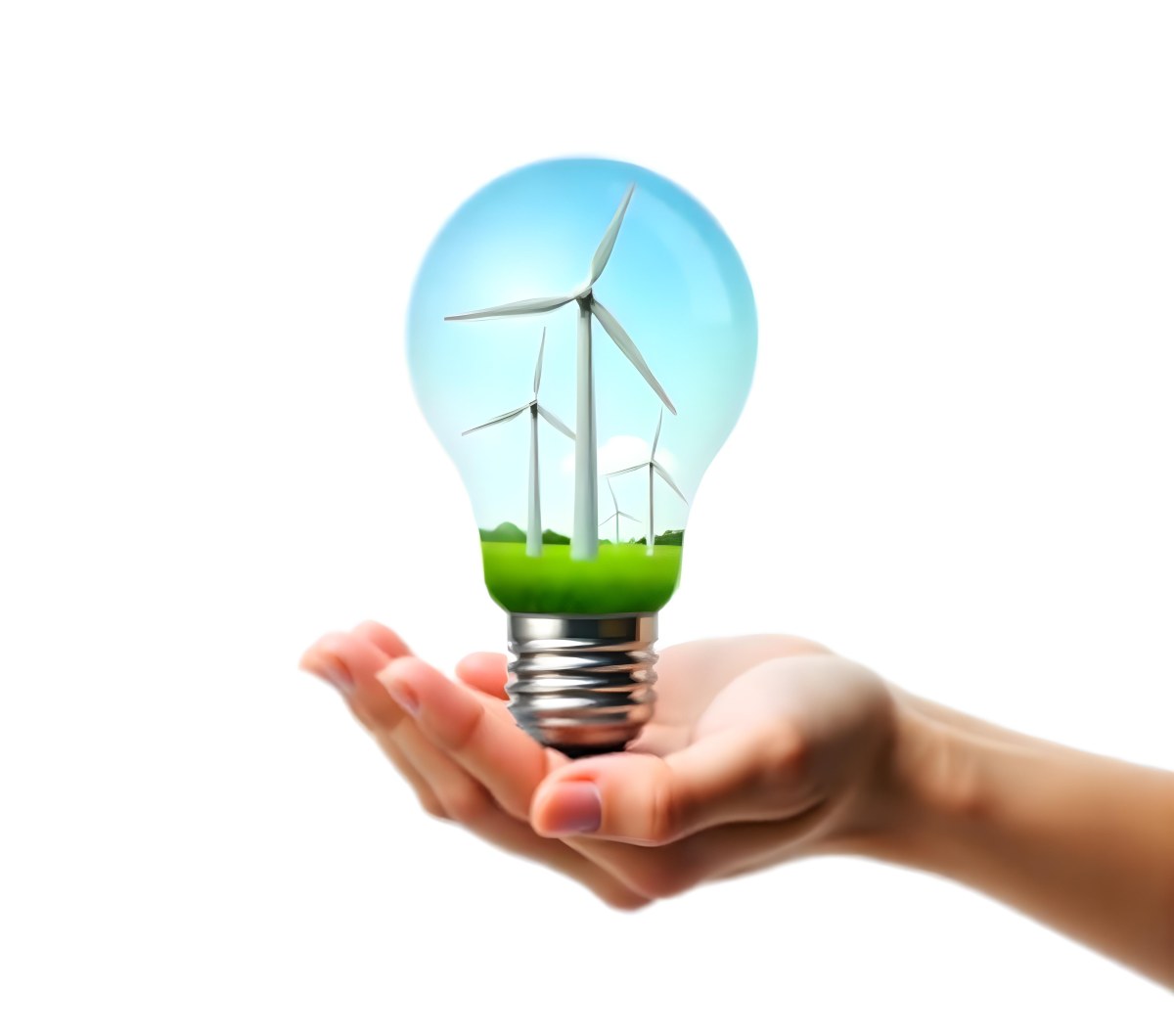 A Light Skinned Hand Holding A Light Bulb With Wind Turbines Inside Green Grass Blue Sky White Background 9 73e8