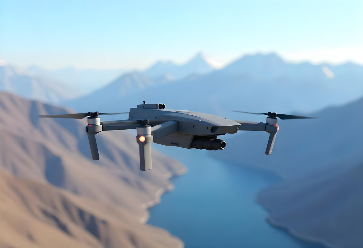 A Military Drone Flying Over A Mountainous Landscape Clear Blue Sky Aerial Perspective Sharp Focus Natural Lighting Daytime High Altitude Surveillance Mission Advanced Technology Unmanned Aircraft 10 31a9