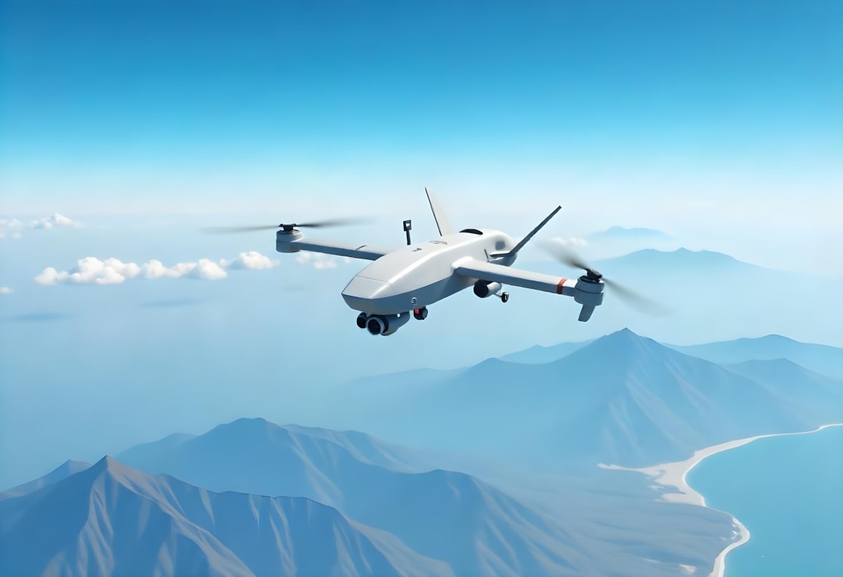 A Military Drone Flying Over A Mountainous Landscape Clear Blue Sky Aerial Perspective Sharp Focus Natural Lighting Daytime High Altitude Surveillance Mission Advanced Technology Unmanned Aircraft 12 6810