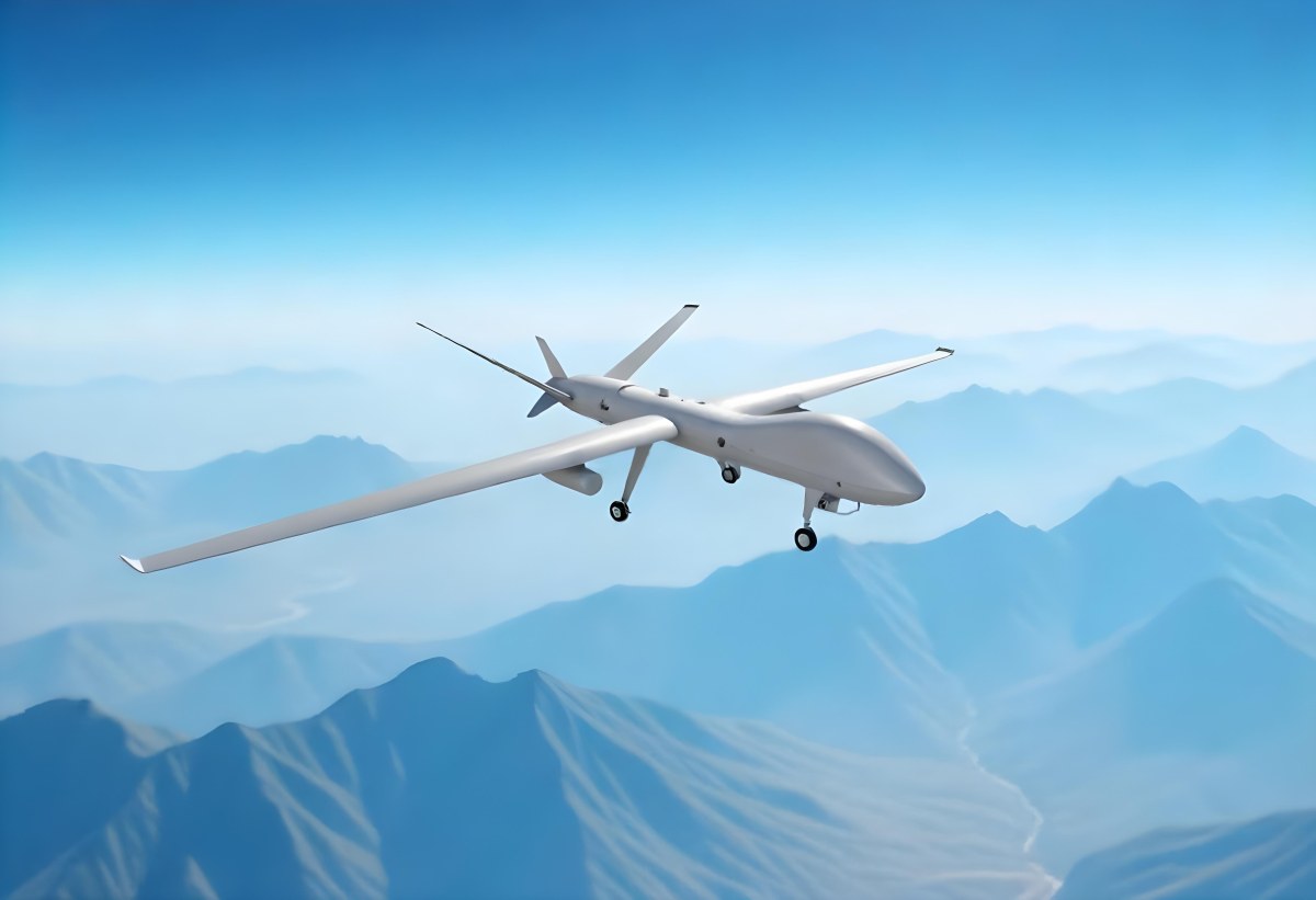 A Military Drone Flying Over A Mountainous Landscape Clear Blue Sky Aerial Perspective Sharp Focus Natural Lighting Daytime High Altitude Surveillance Mission Advanced Technology Unmanned Aircraft 15 0c8f