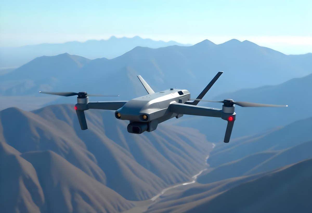 A Military Drone Flying Over A Mountainous Landscape Clear Blue Sky Aerial Perspective Sharp Focus Natural Lighting Daytime High Altitude Surveillance Mission Advanced Technology Unmanned Aircraft 18 2be5