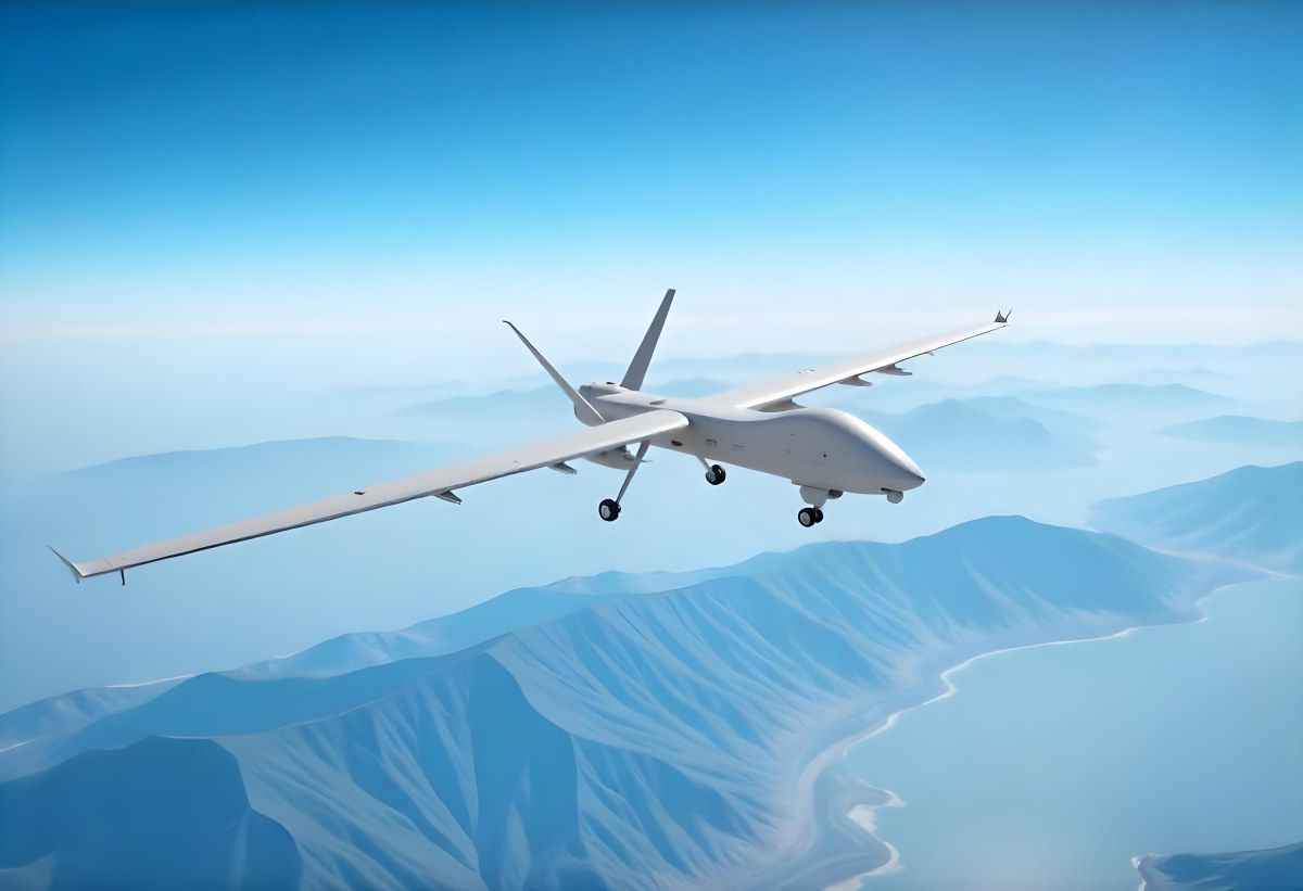 A Military Drone Flying Over A Mountainous Landscape Clear Blue Sky Aerial Perspective Sharp Focus Natural Lighting Daytime High Altitude Surveillance Mission Advanced Technology Unmanned Aircraft 3 4ae2