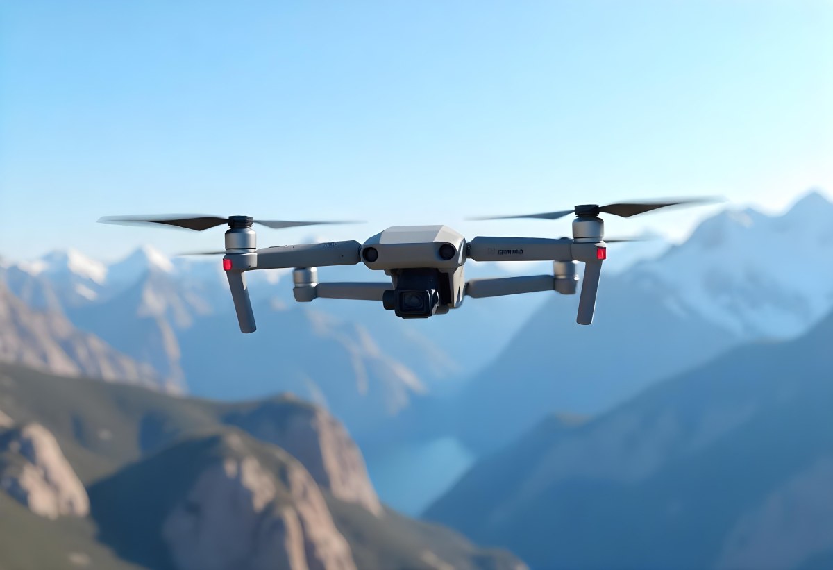 A Military Drone Flying Over A Mountainous Landscape Clear Blue Sky Aerial Perspective Sharp Focus Natural Lighting Daytime High Altitude Surveillance Mission Advanced Technology Unmanned Aircraft 6 Db60