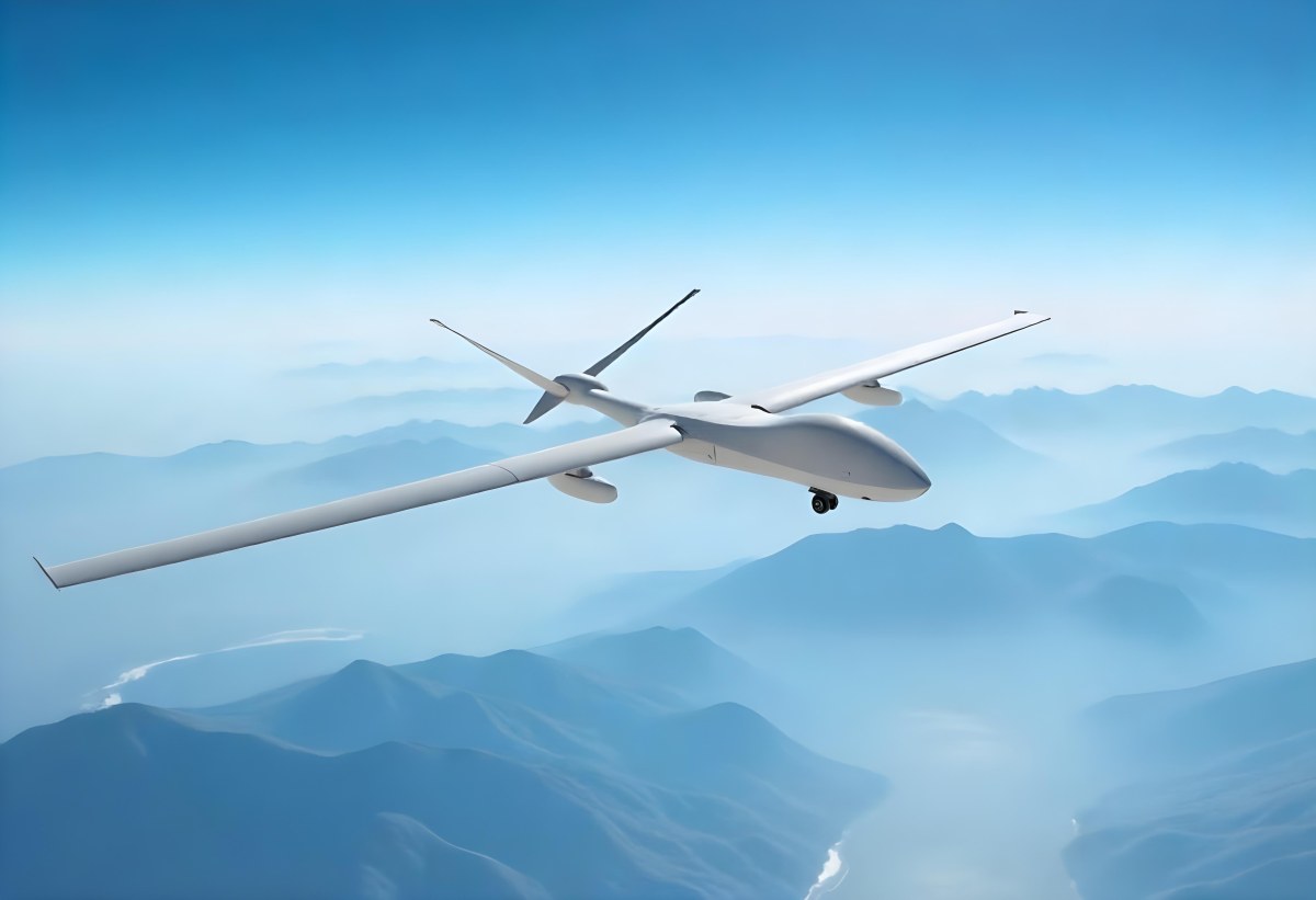 A Military Drone Flying Over A Mountainous Landscape Clear Blue Sky Aerial Perspective Sharp Focus Natural Lighting Daytime High Altitude Surveillance Mission Advanced Technology Unmanned Aircraft 7 B6af