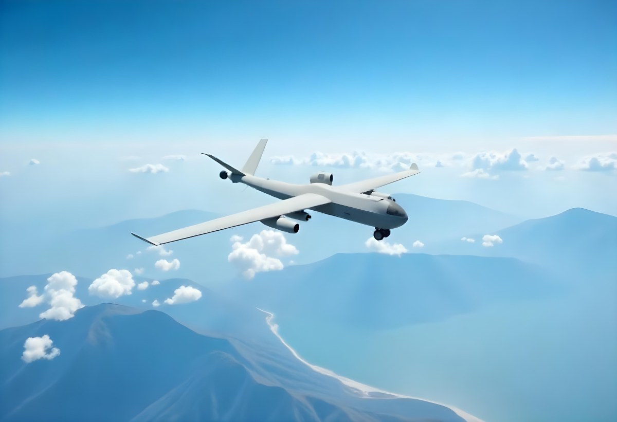 A Military Drone Flying Over A Mountainous Landscape Clear Blue Sky Aerial Perspective Sharp Focus Natural Lighting Daytime High Altitude Surveillance Mission Advanced Technology Unmanned Aircraft 9 2302