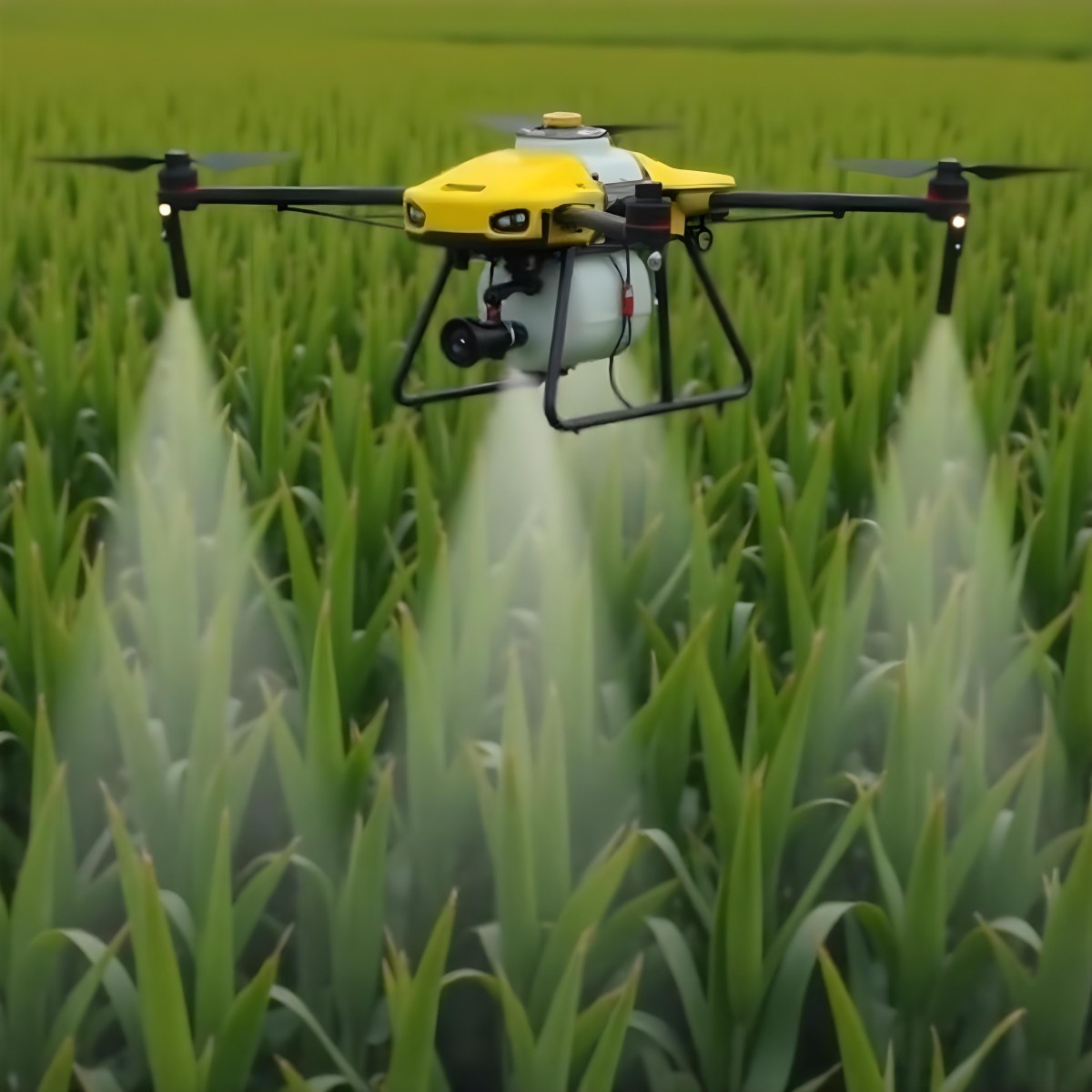A White Drone Spraying Pesticides Over A Green Cornfield The Drone Has Four Propellers And A White Tank The Background Is A Green Field With Trees 1 Bc3e