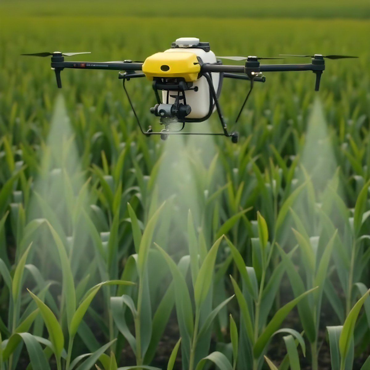 A White Drone Spraying Pesticides Over A Green Cornfield The Drone Has Four Propellers And A White Tank The Background Is A Green Field With Trees 10 B0c7
