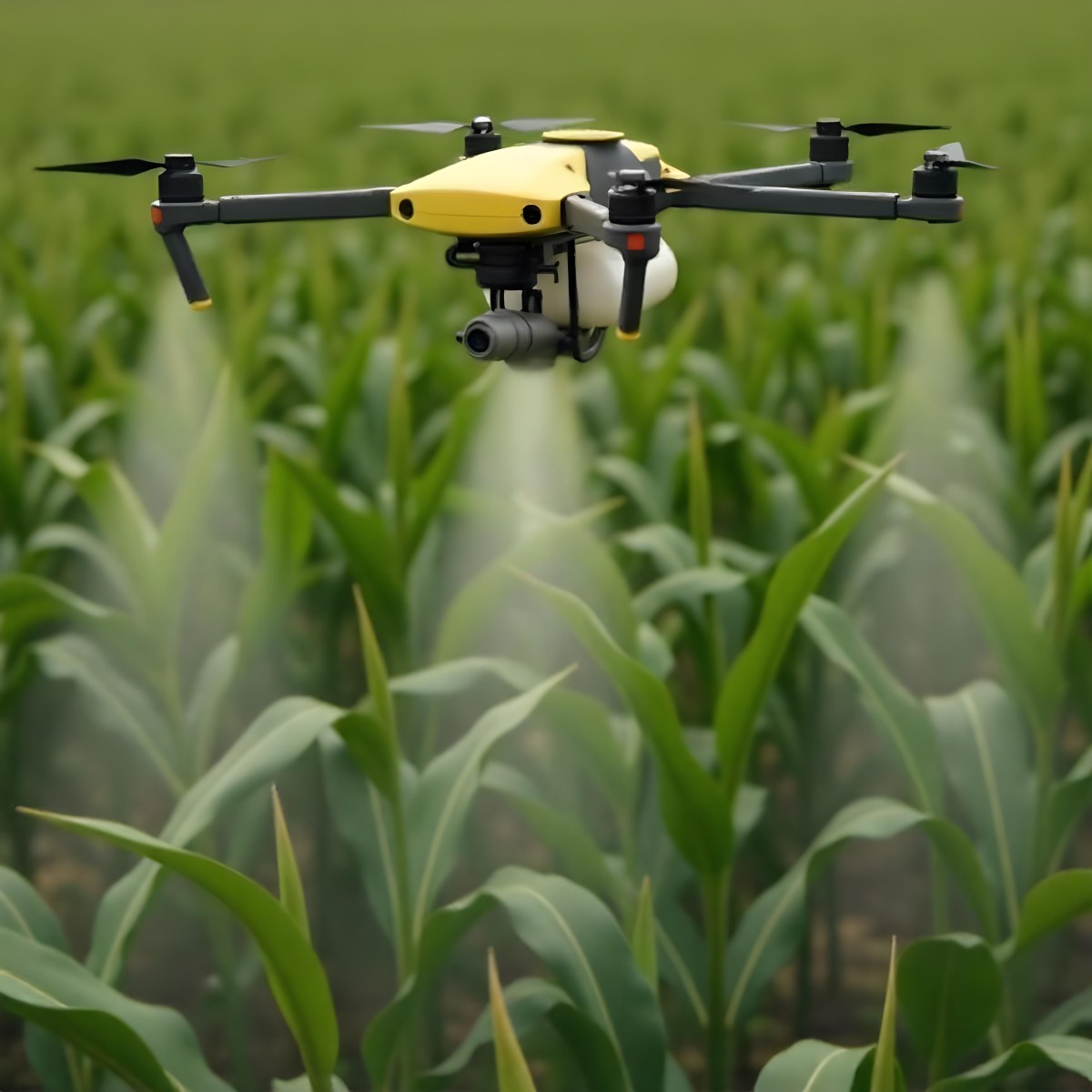 A White Drone Spraying Pesticides Over A Green Cornfield The Drone Has Four Propellers And A White Tank The Background Is A Green Field With Trees 13 3ecc