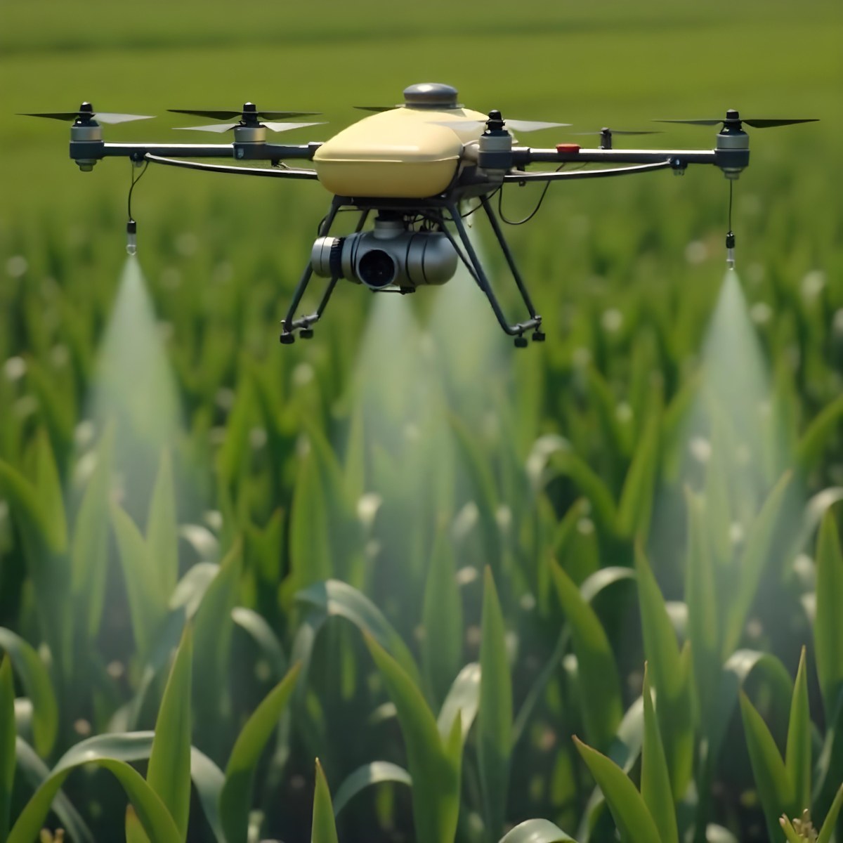 A White Drone Spraying Pesticides Over A Green Cornfield The Drone Has Four Propellers And A White Tank The Background Is A Green Field With Trees 14 1b65
