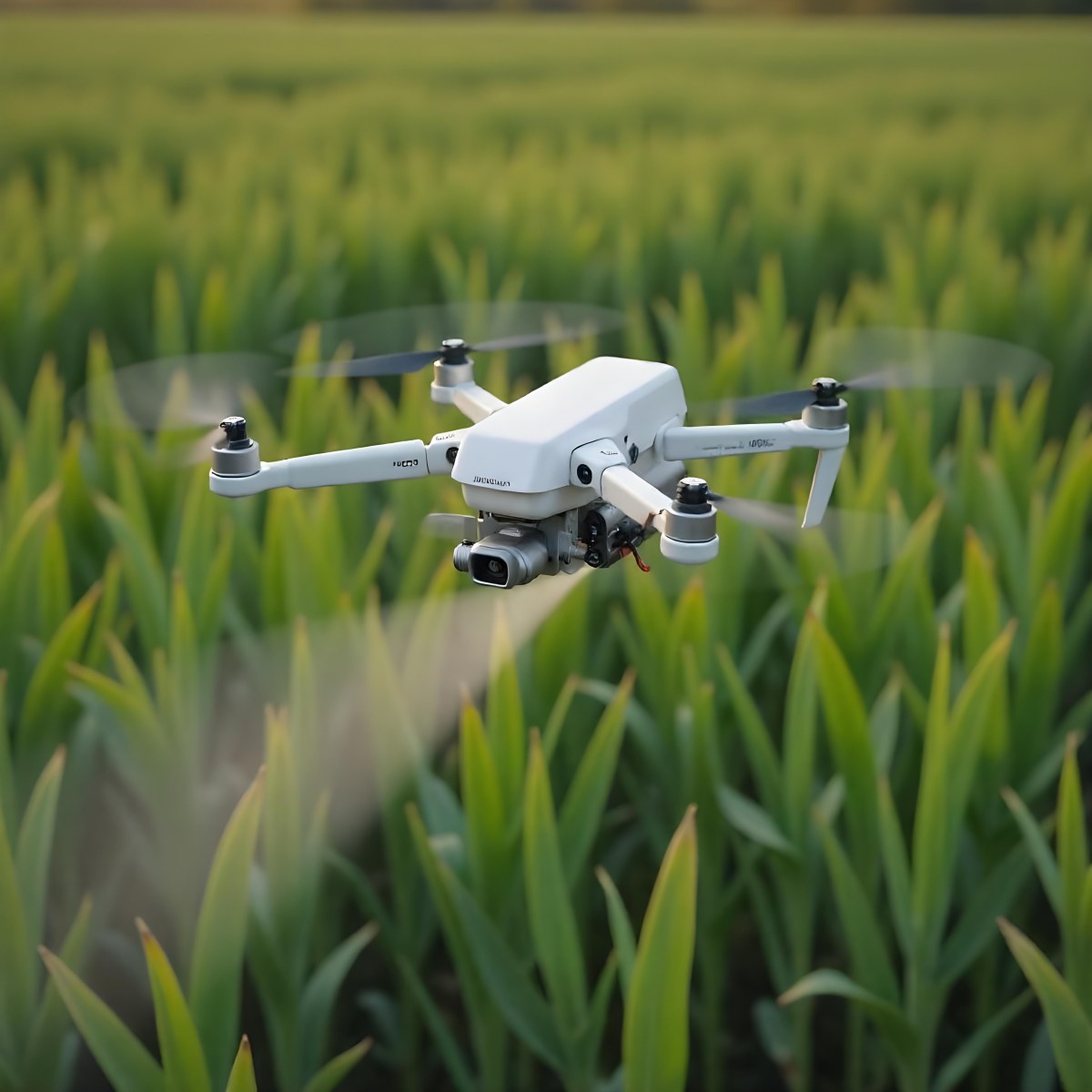 A White Drone Spraying Pesticides Over A Green Cornfield The Drone Has Four Propellers And A White Tank The Background Is A Green Field With Trees 17 A7a1