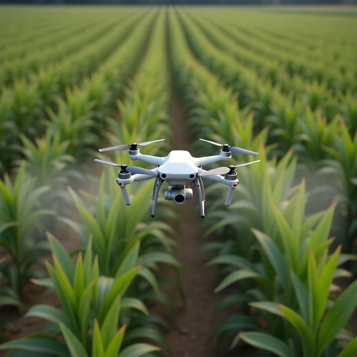A White Drone Spraying Pesticides Over A Green Cornfield The Drone Has Four Propellers And A White Tank The Background Is A Green Field With Trees 18 2089