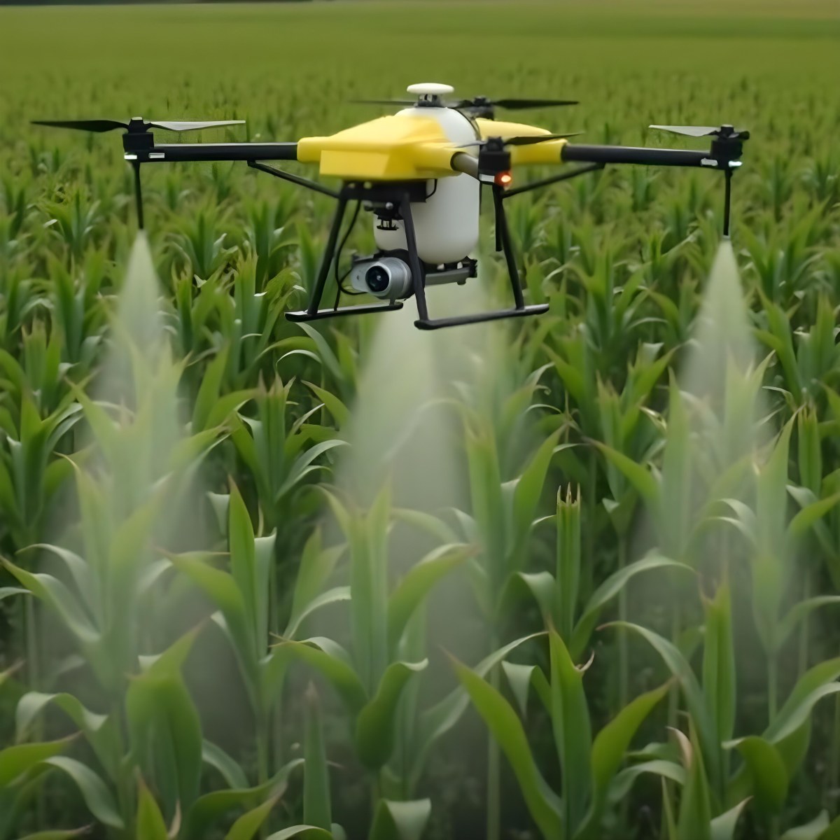 A White Drone Spraying Pesticides Over A Green Cornfield The Drone Has Four Propellers And A White Tank The Background Is A Green Field With Trees 2 B5ab