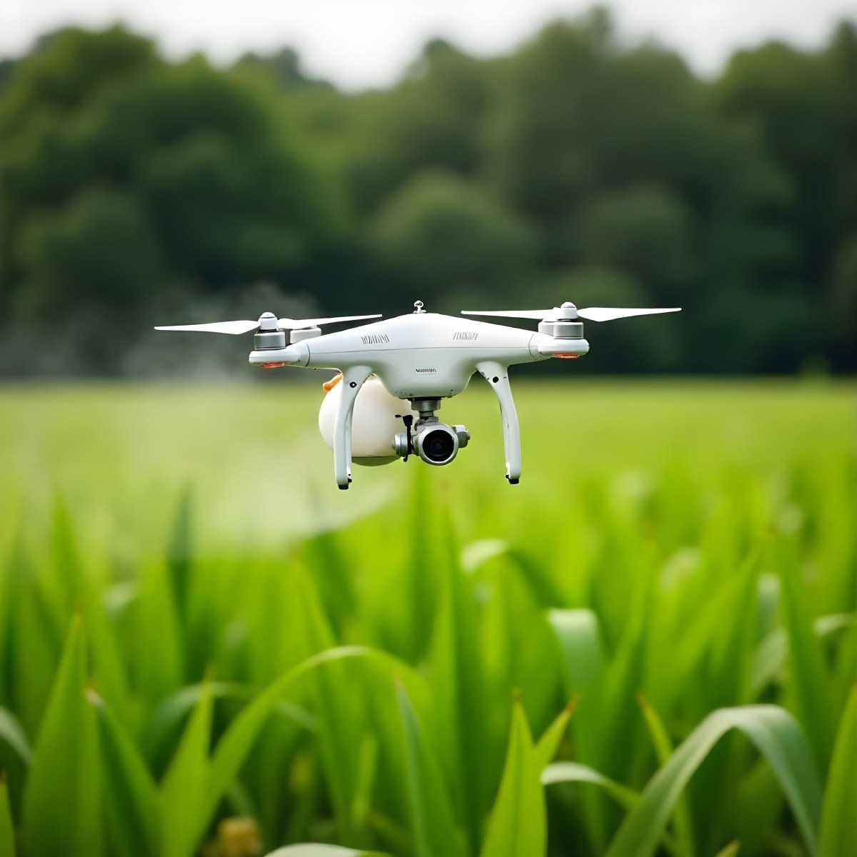 A White Drone Spraying Pesticides Over A Green Cornfield The Drone Has Four Propellers And A White Tank The Background Is A Green Field With Trees 20 Bd2b