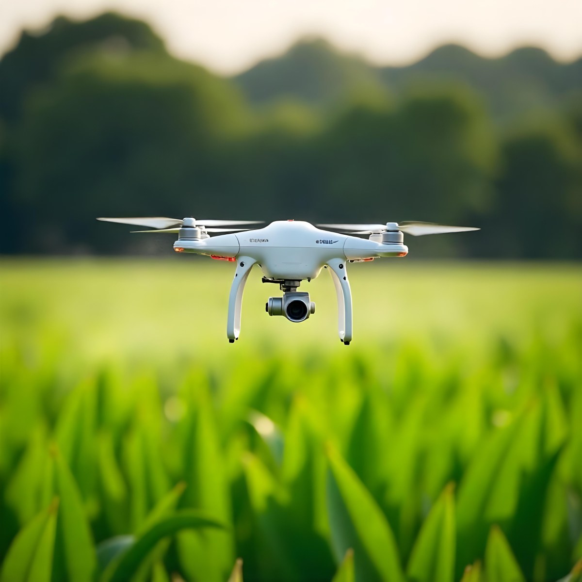A White Drone Spraying Pesticides Over A Green Cornfield The Drone Has Four Propellers And A White Tank The Background Is A Green Field With Trees 21 5b65