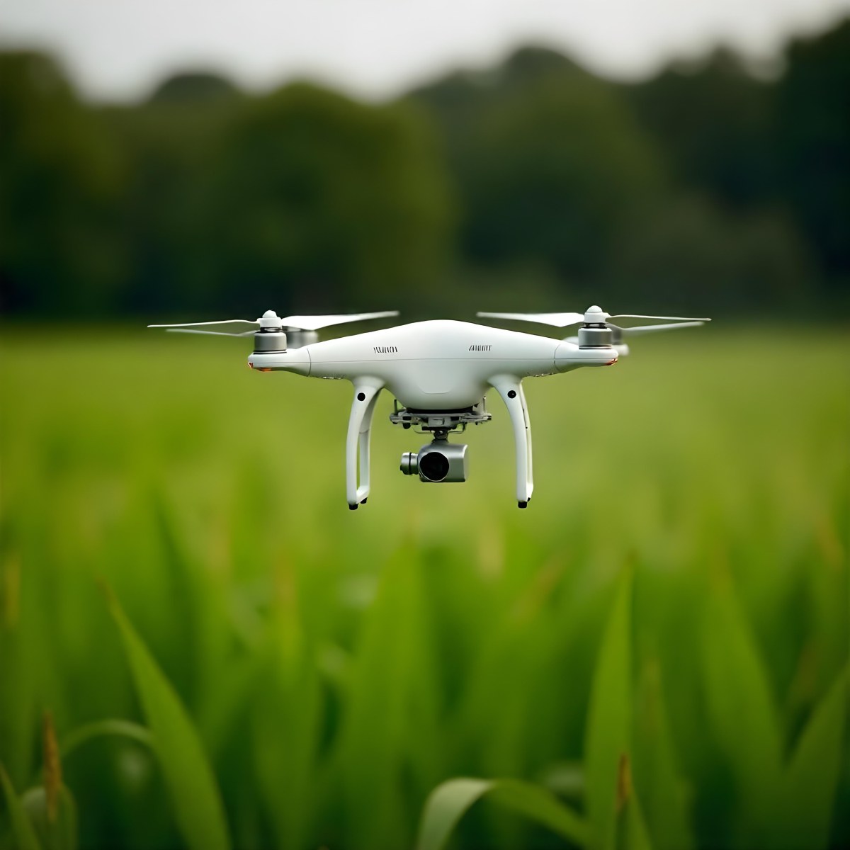 A White Drone Spraying Pesticides Over A Green Cornfield The Drone Has Four Propellers And A White Tank The Background Is A Green Field With Trees 22 B77e