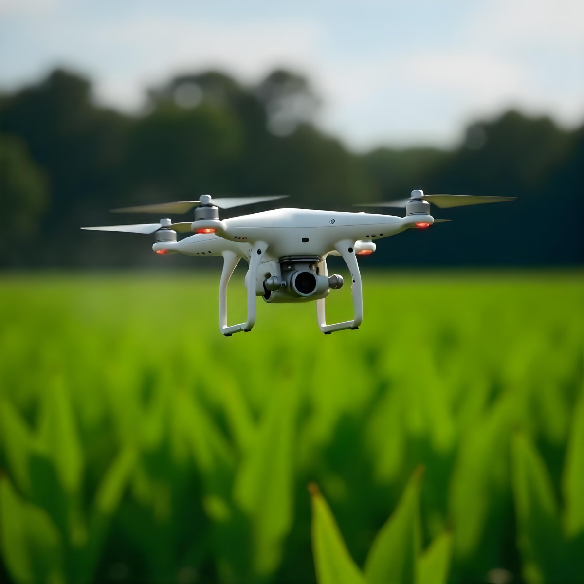 A White Drone Spraying Pesticides Over A Green Cornfield The Drone Has Four Propellers And A White Tank The Background Is A Green Field With Trees 23 F863