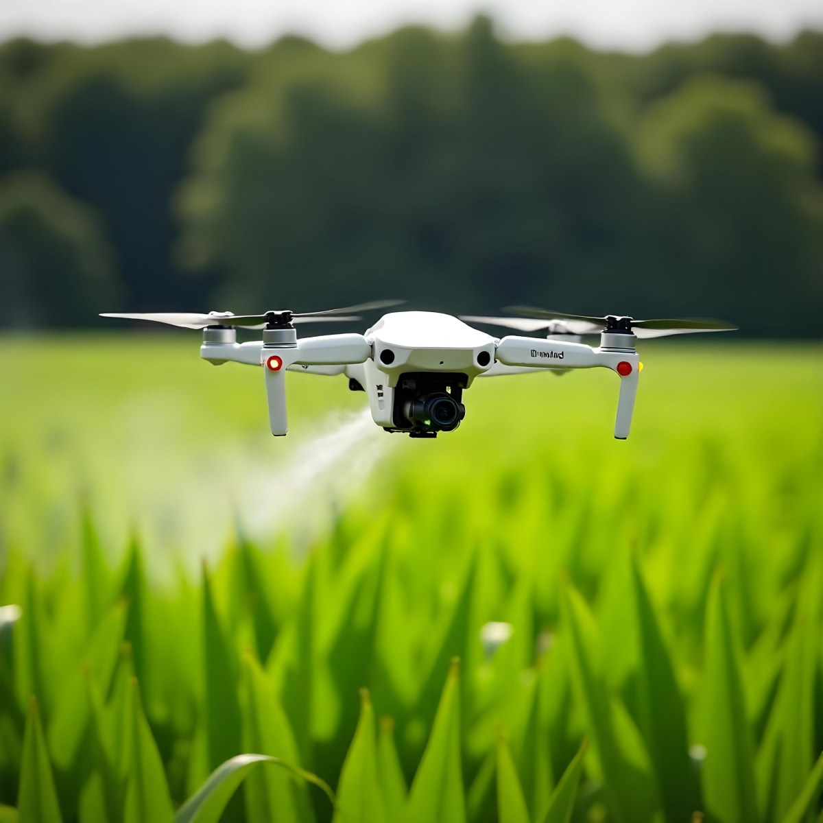 A White Drone Spraying Pesticides Over A Green Cornfield The Drone Has Four Propellers And A White Tank The Background Is A Green Field With Trees 24 2be3