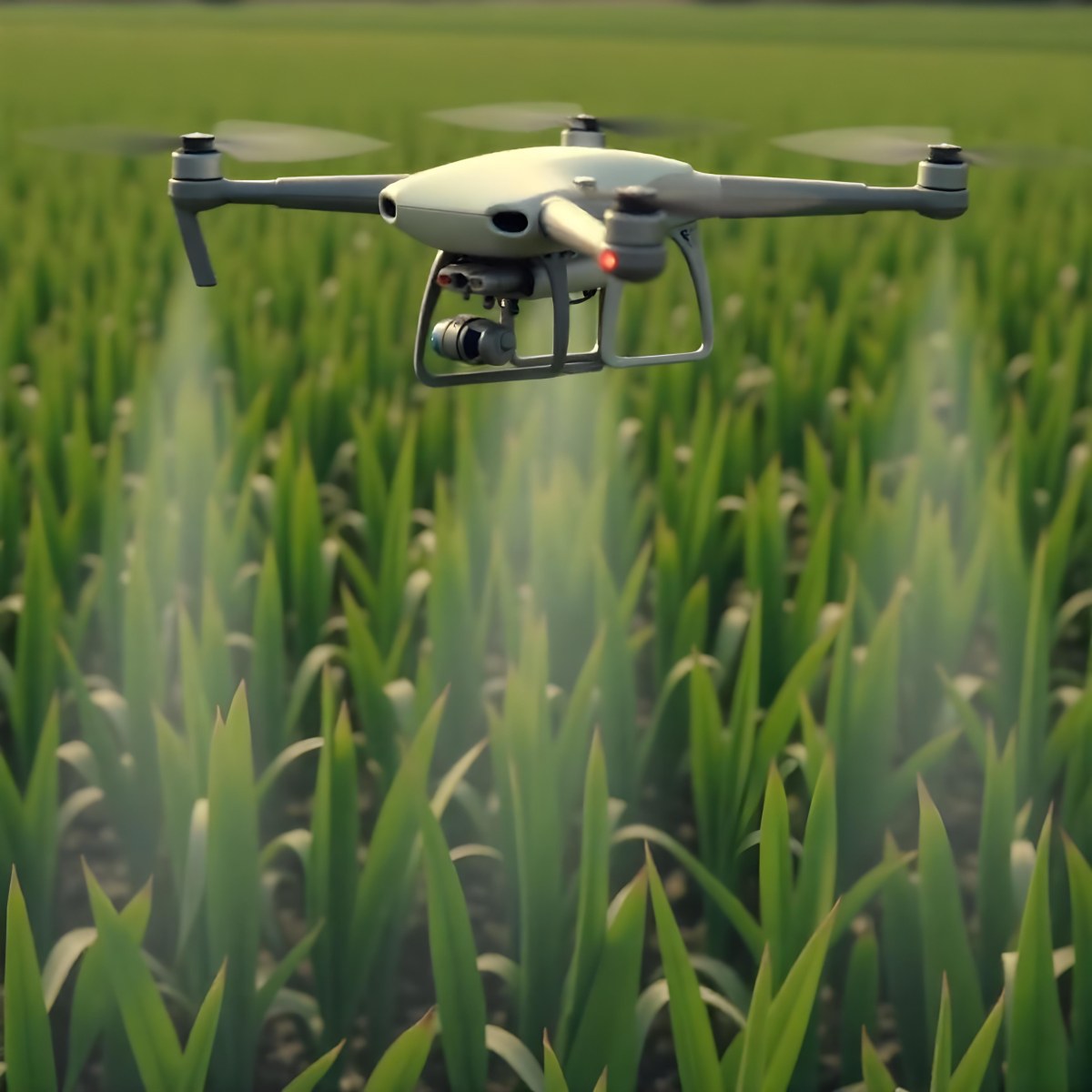 A White Drone Spraying Pesticides Over A Green Cornfield The Drone Has Four Propellers And A White Tank The Background Is A Green Field With Trees 3 8839