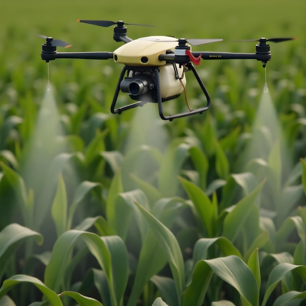 A White Drone Spraying Pesticides Over A Green Cornfield The Drone Has Four Propellers And A White Tank The Background Is A Green Field With Trees 4 849a