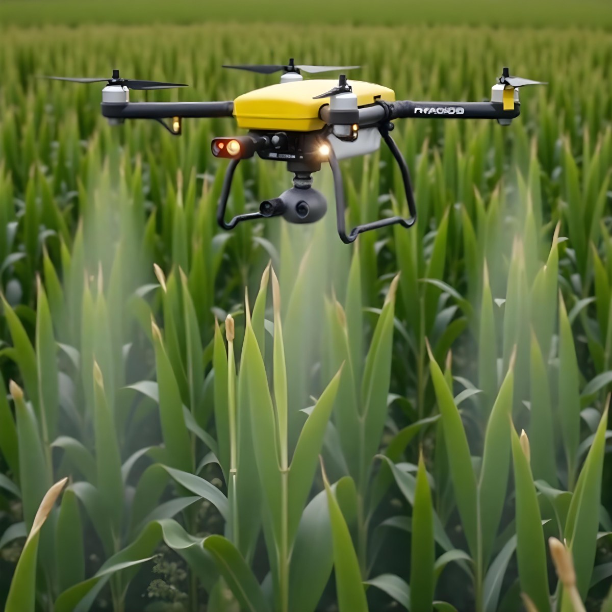 A White Drone Spraying Pesticides Over A Green Cornfield The Drone Has Four Propellers And A White Tank The Background Is A Green Field With Trees 5 037f